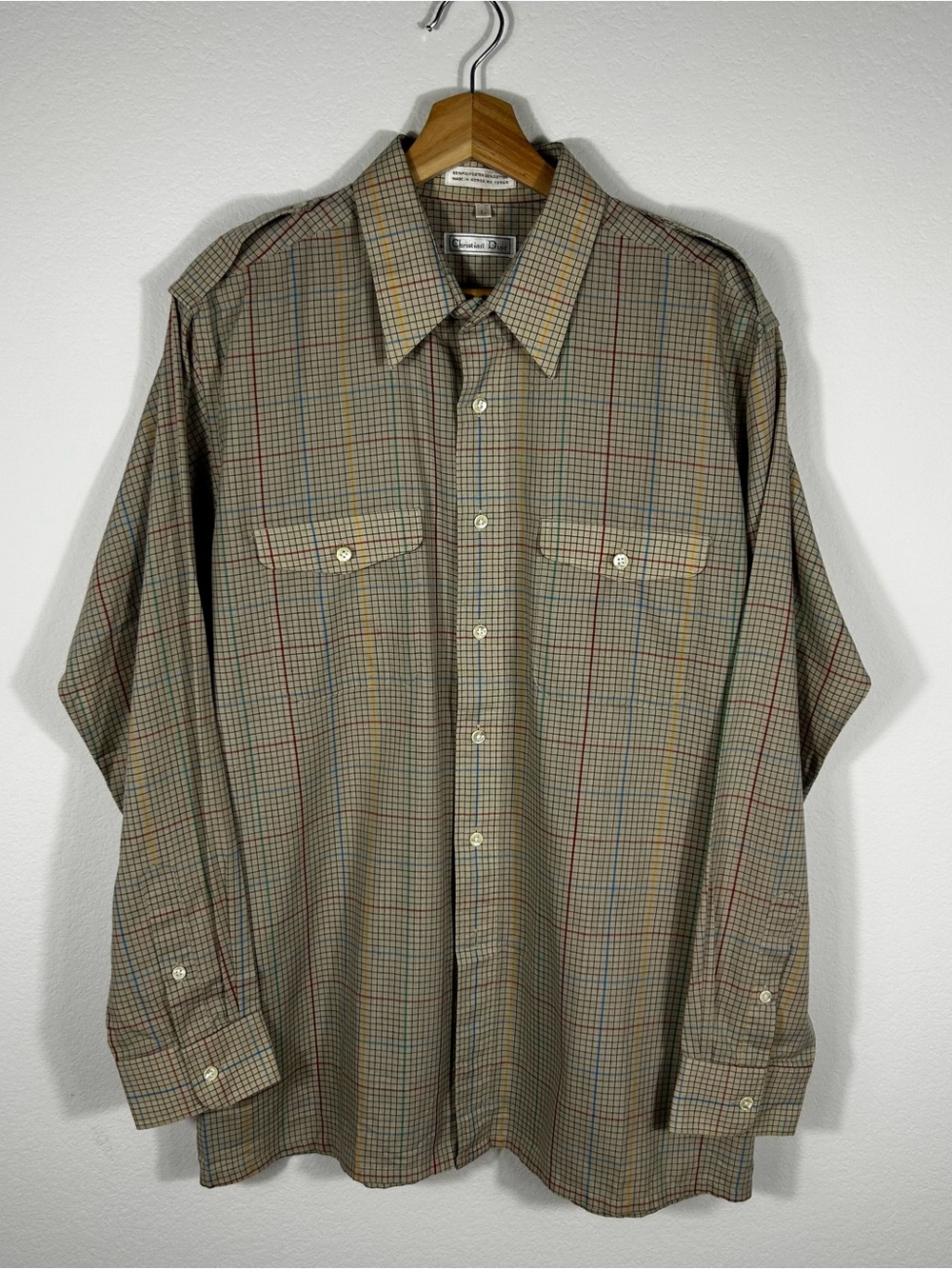 Vintage CHRISTIAN DIOR Men Large Plaid Button Shirt Long Sleeve Shoulder Epaulet